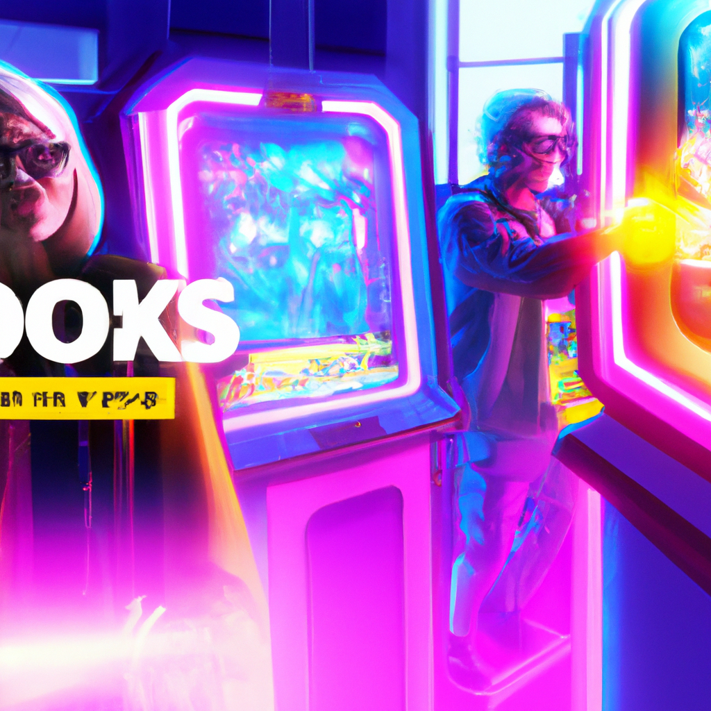 Players around neon arcade with UI overlays